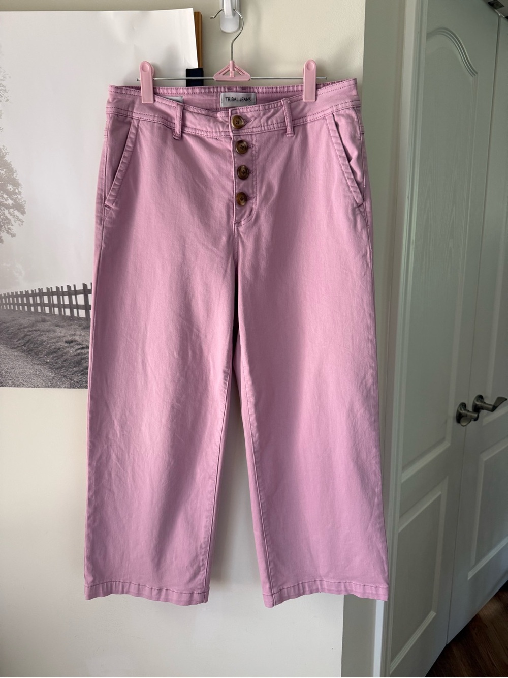Tribal Pink Button-Front Cropped Wide Leg Jeans 8